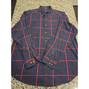 Hathaway Sport Men Large Navy Blue Red Windowpane Plaid Cotton Button Down Shirt